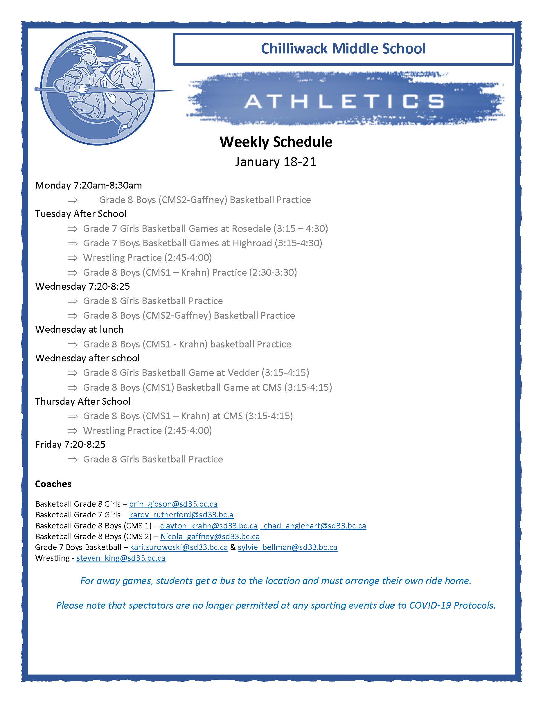 Athletic Weekly Schedule | Chilliwack Middle School